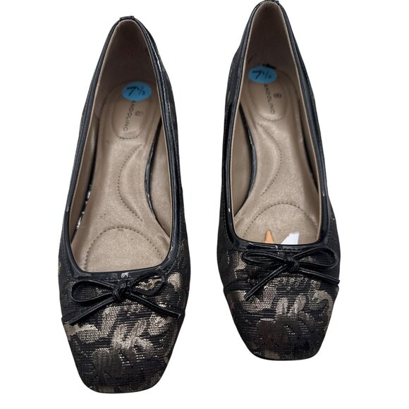 Bandolino Size 7.5 Business Style Floral Square Toe Slip On Black Gold Heels - Picture 5 of 13